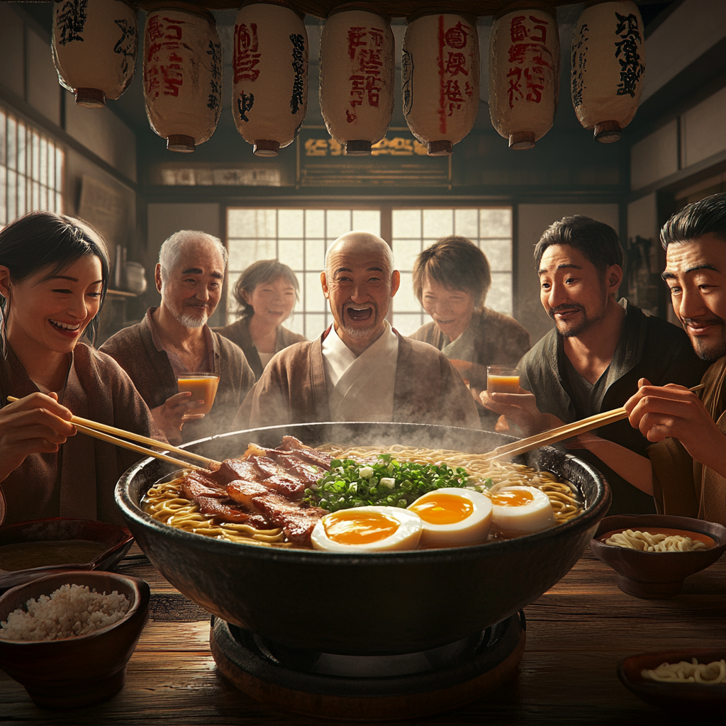 Joyful Gathering Over Ramen in Traditional Japanese Kitchen