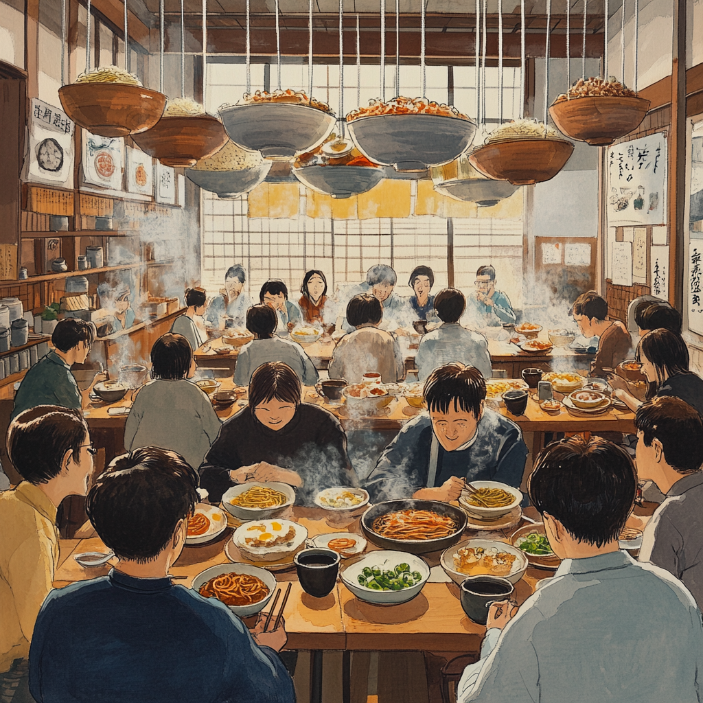 Joyful Gathering in Traditional Japanese Ramen Kitchen