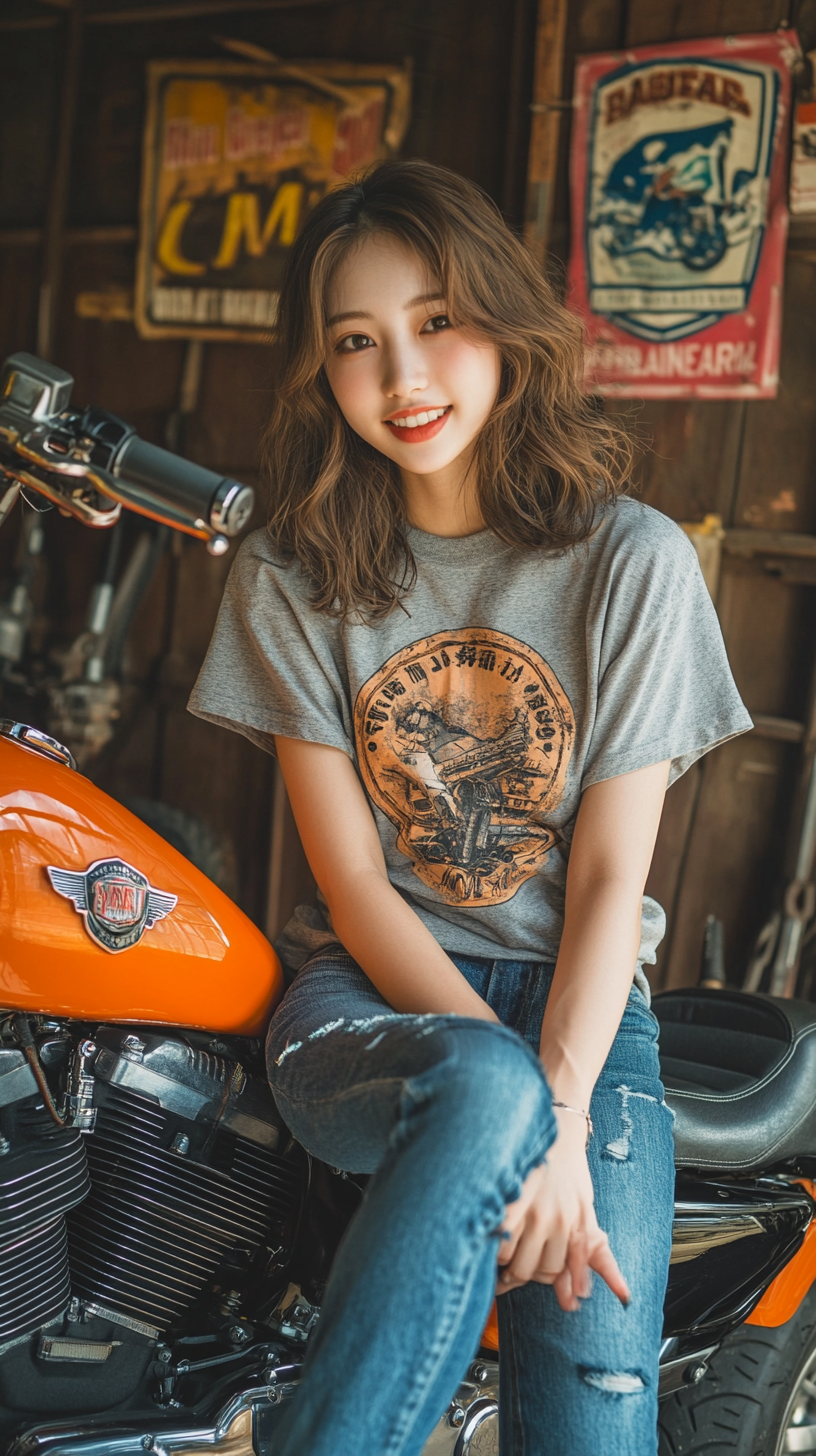 Joyful Japanese woman on Harley in vintage garage