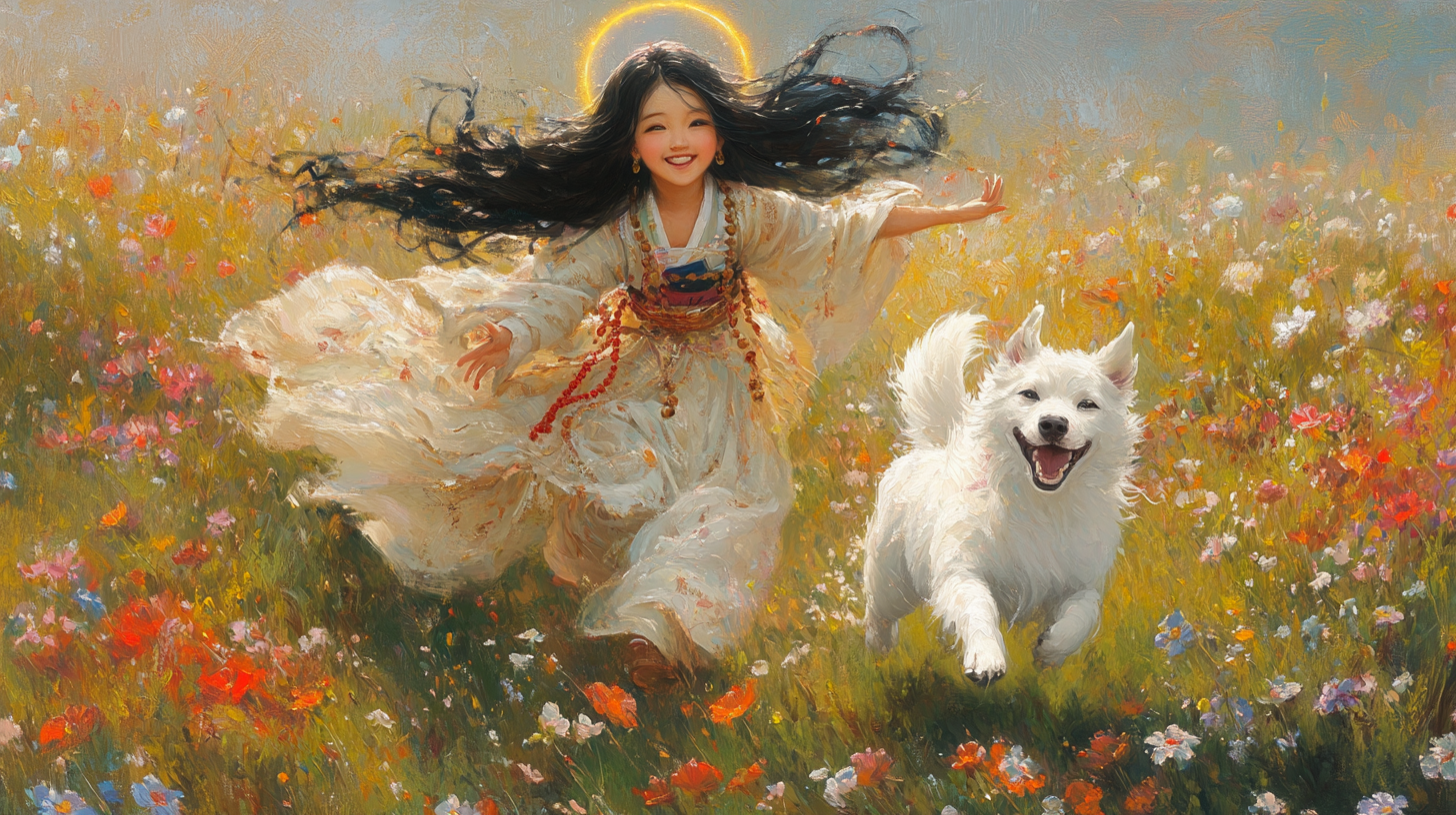 Joyful Korean girl bodhisattva and Baekgu dog running.