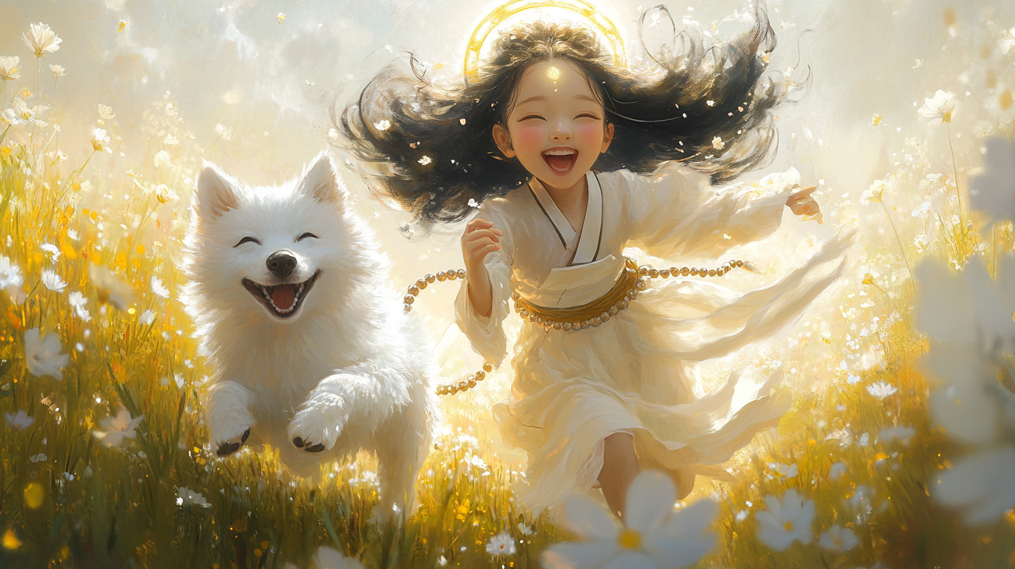 Joyful Korean girl bodhisattva with Baekgu dog