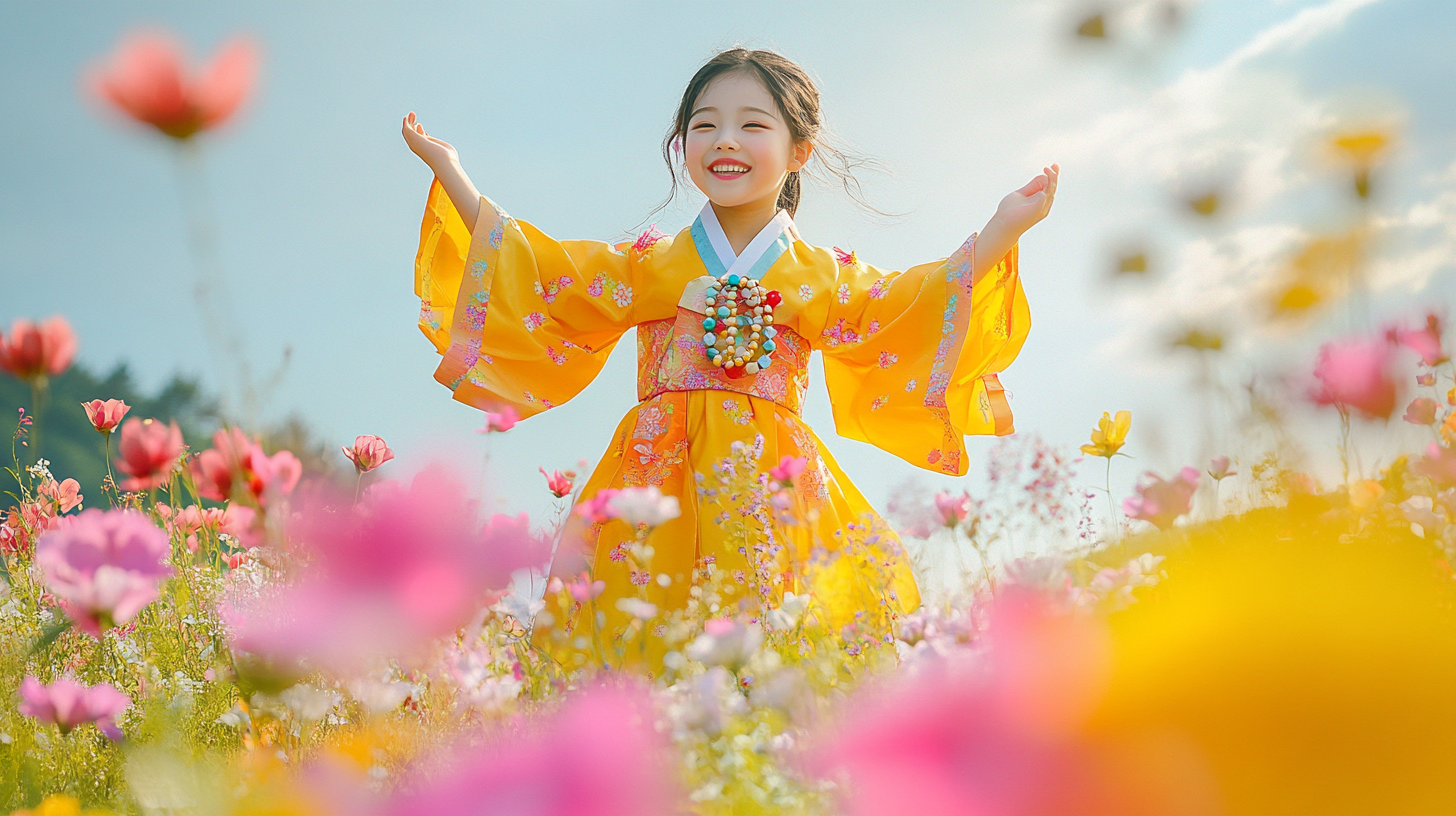 Joyful Korean girl in bodhisattva costume dances in field.