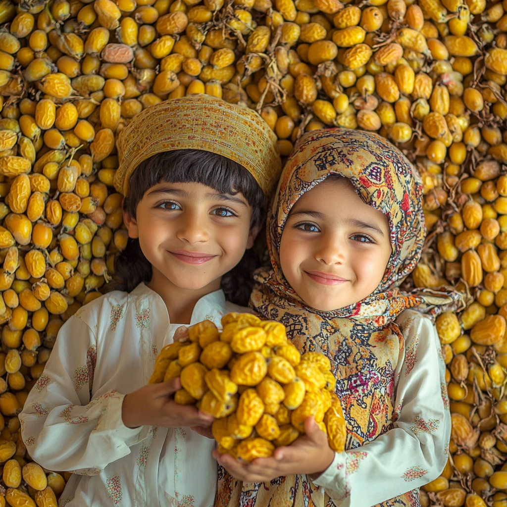 Joyful Omani children surrounded by ripe dates.