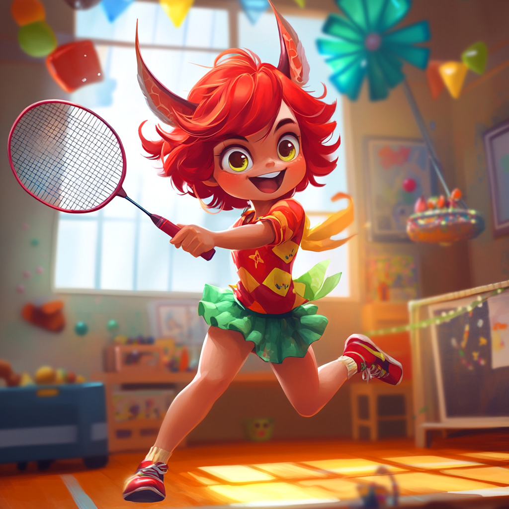 Joyful Oni Girl Playing Badminton Indoors