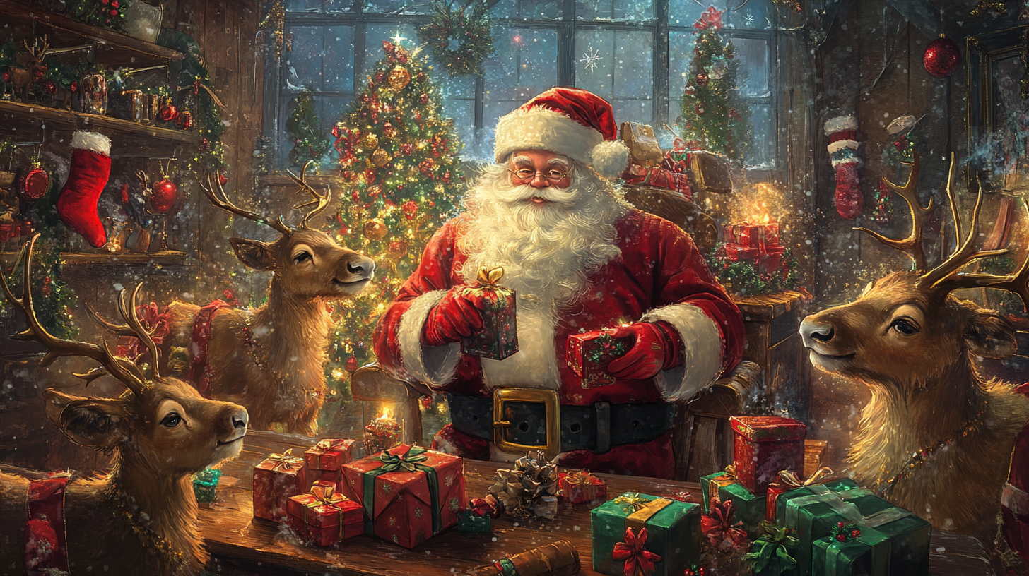 Joyful Santa's Workshop with Reindeer Preparing Christmas Presents.