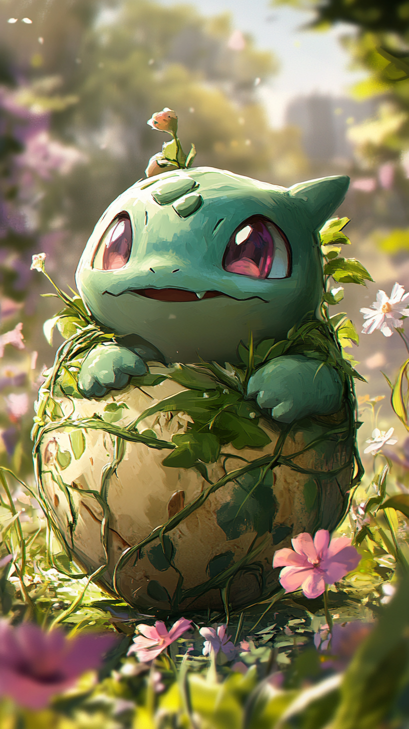 Joyful baby Bulbasaur hatching from leafy vine-wrapped egg.