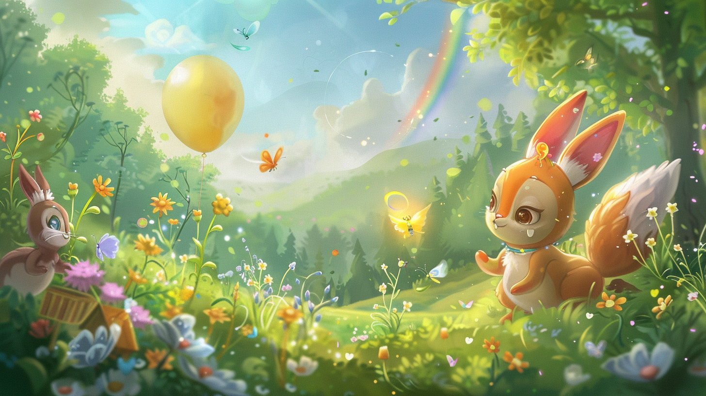 Joyful bunny, playful fox in colorful cartoon scene.