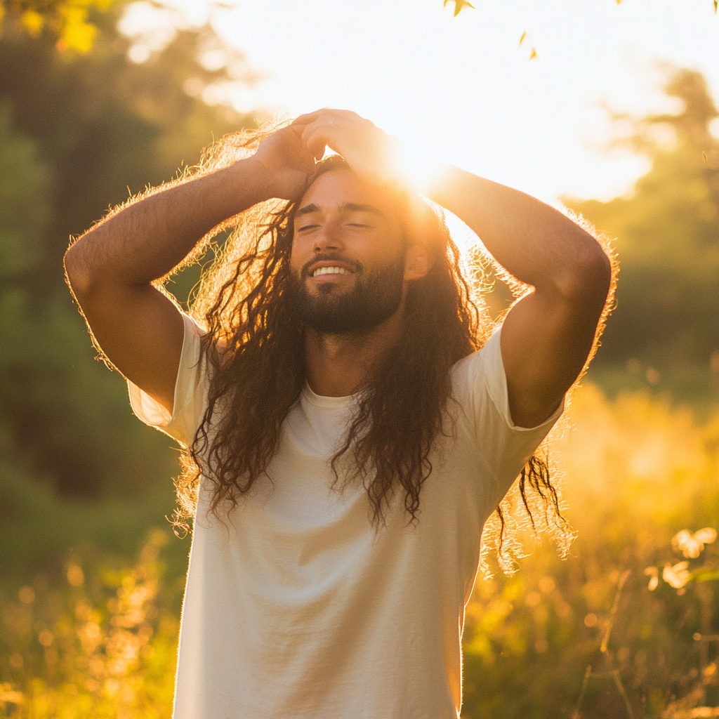 Joyful man in sunlit field with flowing hair.