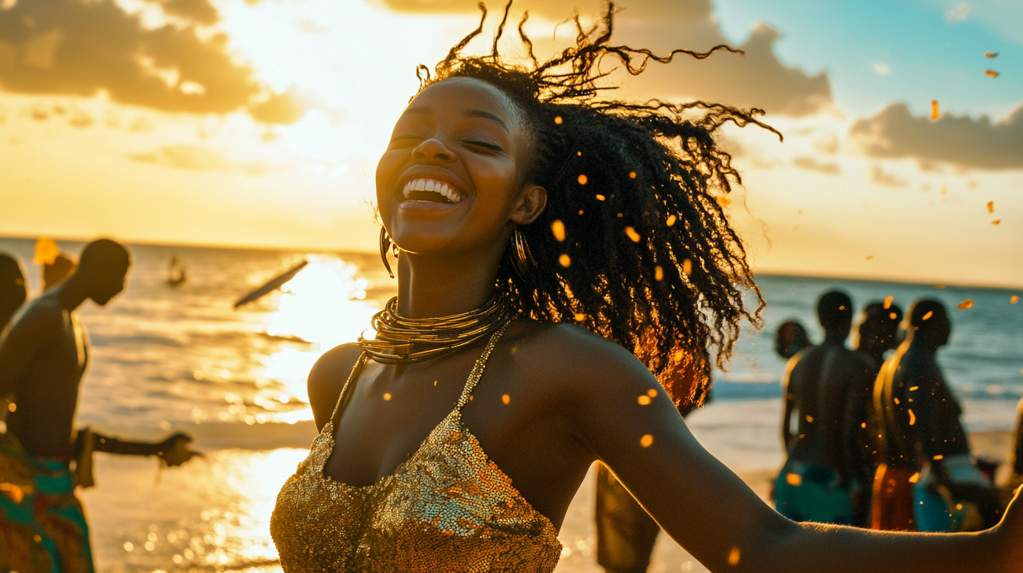 Joyful woman dances at African music festival