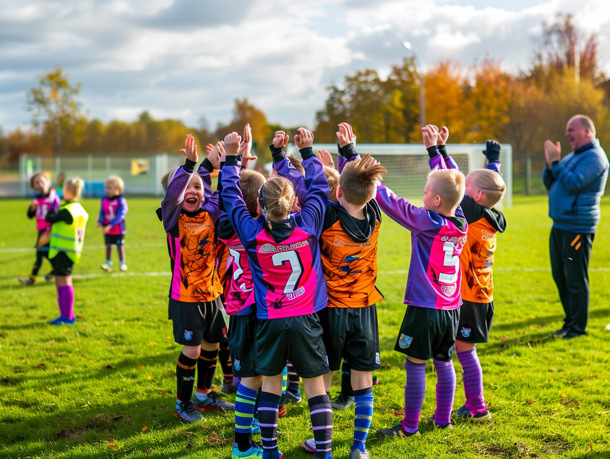 Joyful young football team celebrating goal together