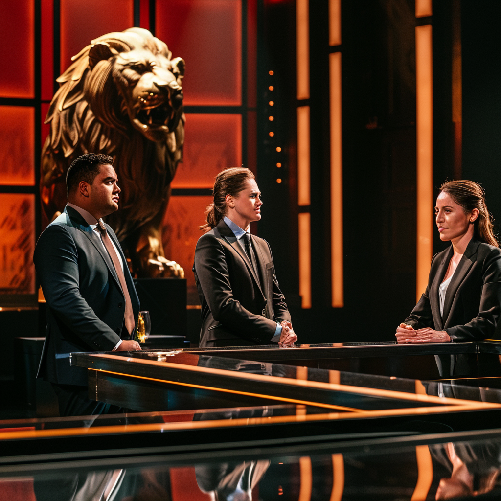 Judges on TV show with lion statue prop.