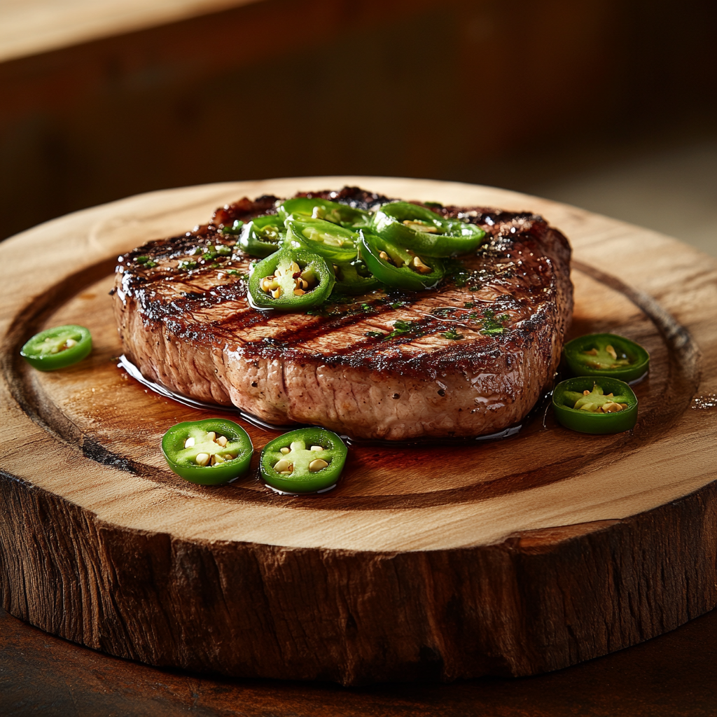 Juicy Steak with Grilled Jalapeños on Wooden Platter