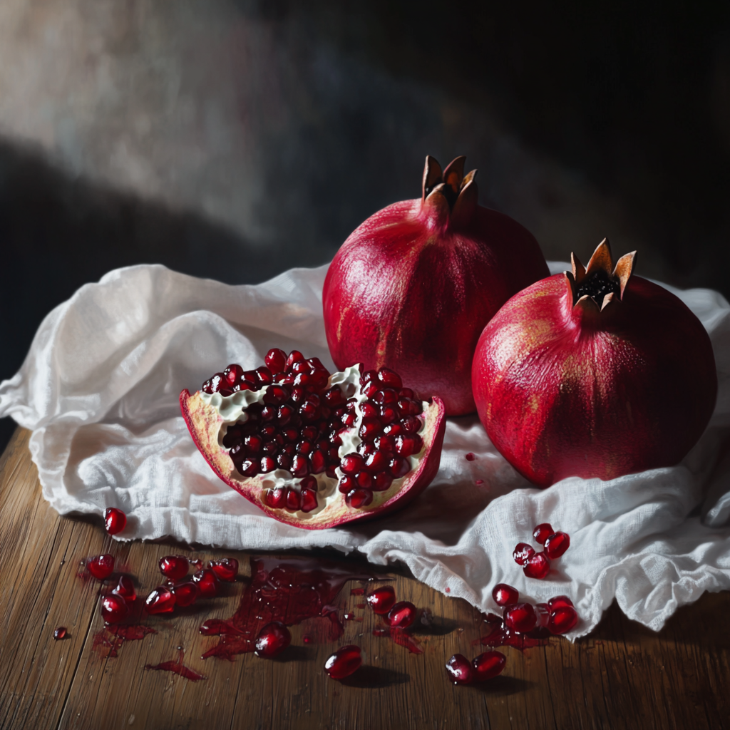 Juicy ruby pomegranate on dark table with spot lighting.