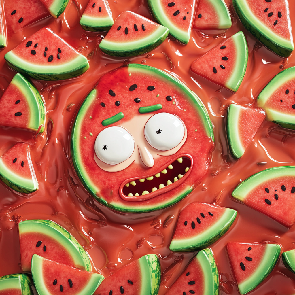 Juicy watermelon backdrop with Morty-shaped candies