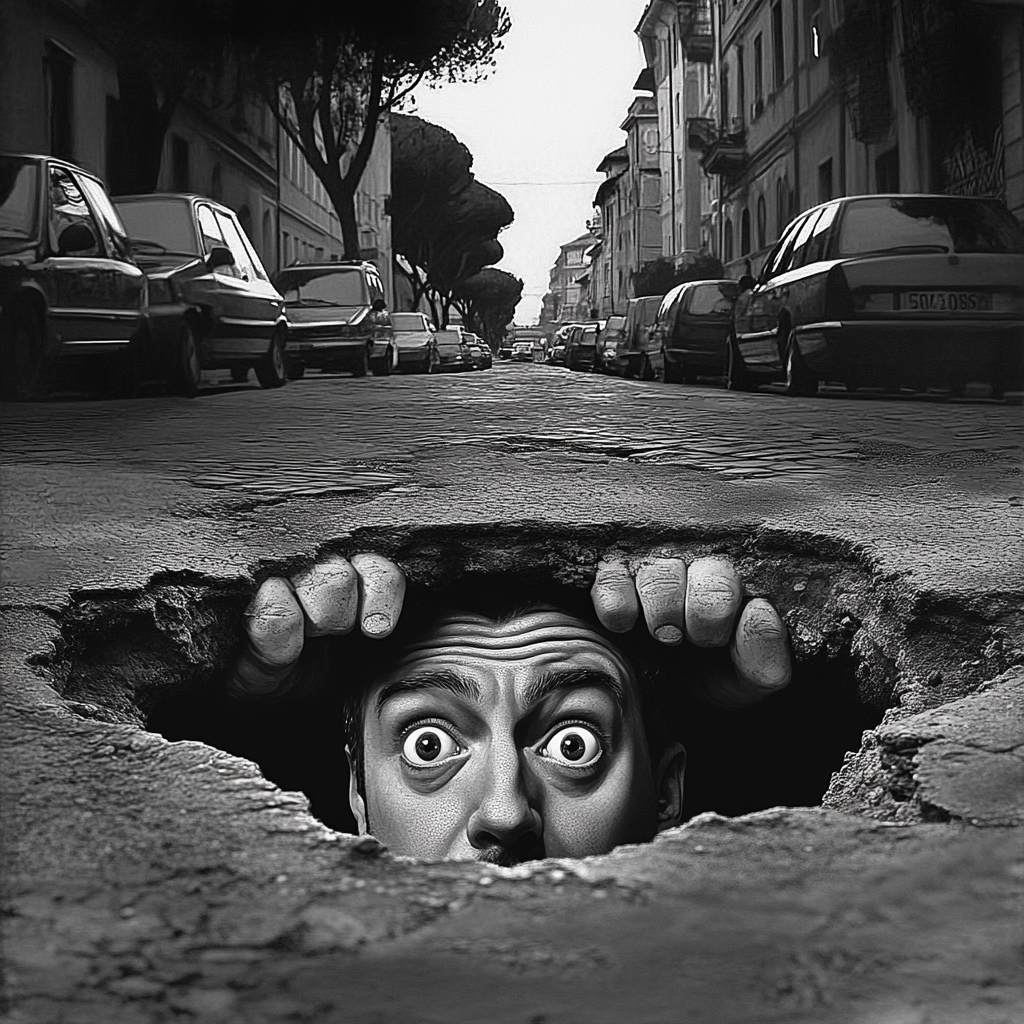 Julius Caesar in Pothole in Modern Rome, Black/White