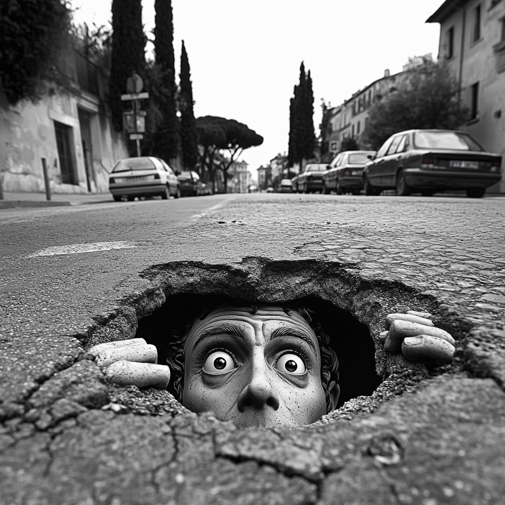 Julius Caesar in Pothole on Rome Street