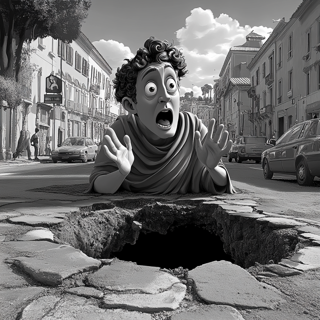 Julius Caesar in toga peeking out from pothole