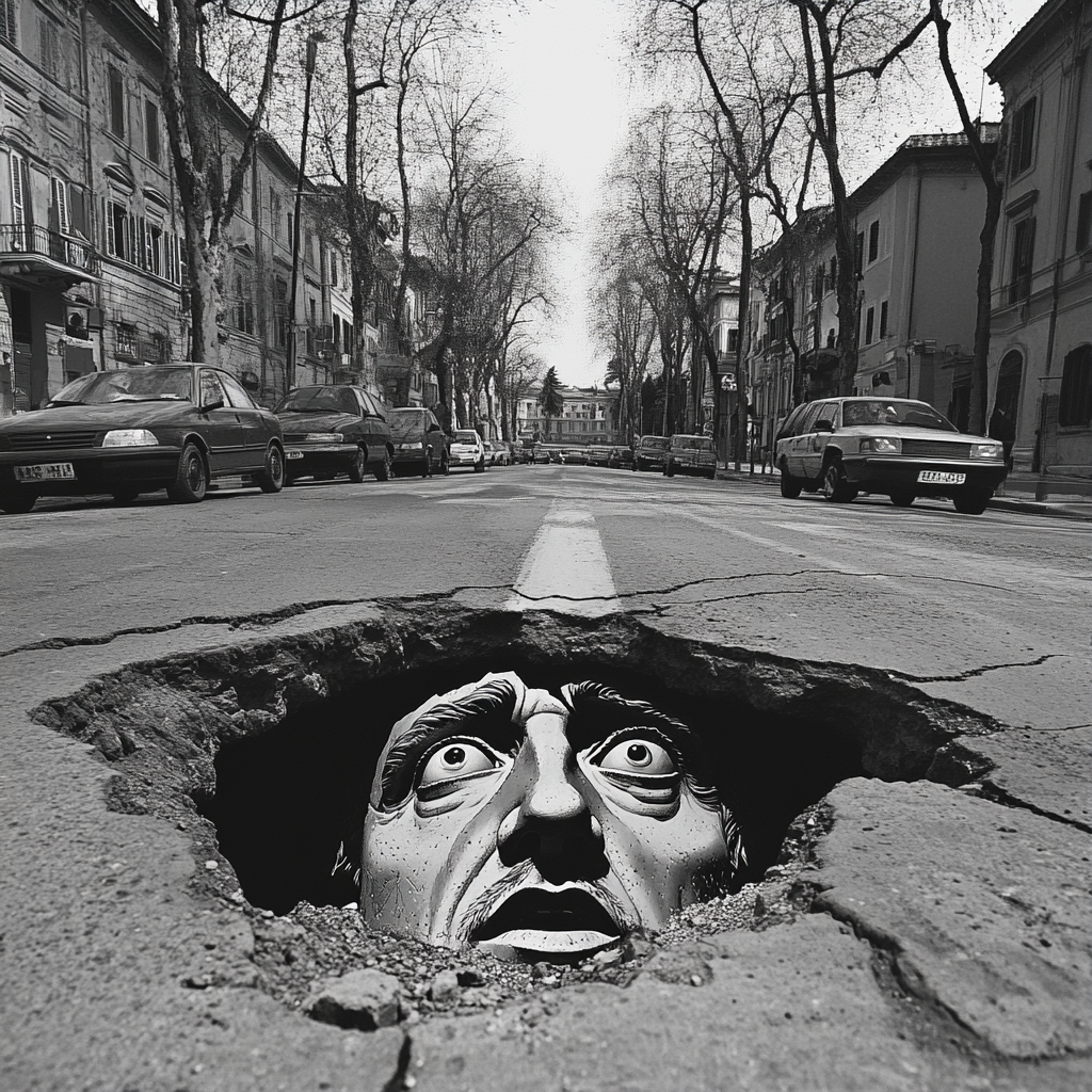 Julius Caesar peeks out of pothole in Rome