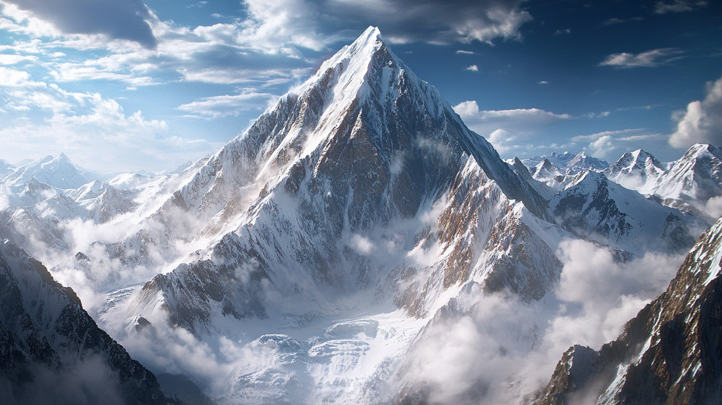 K2 Mountain, towering peaks, swirling clouds, blue sky, snow.