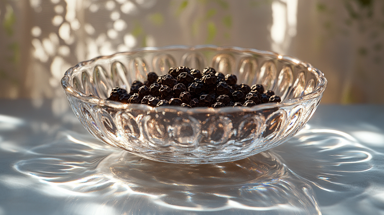 Kampot Peppercorns Floating in Sunlit Water Bowl