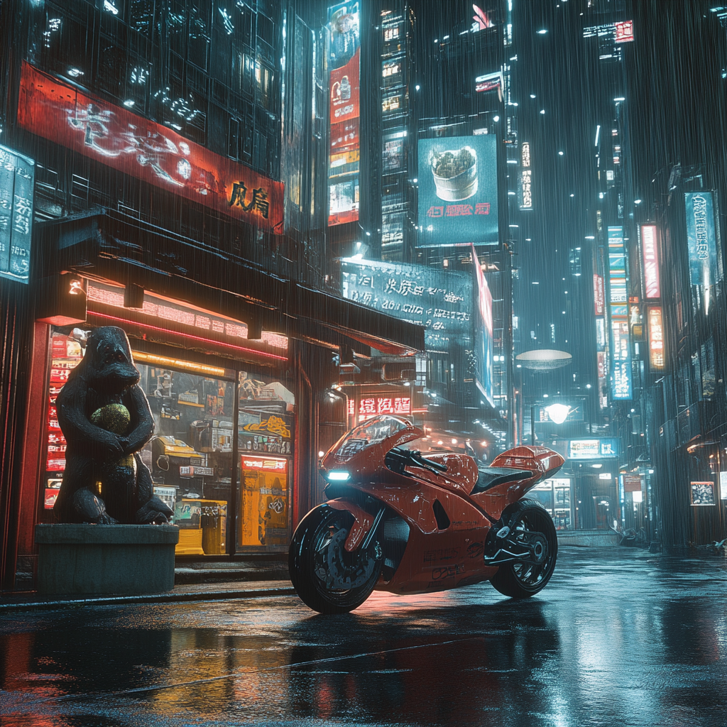 Kaneda's motorcycle outside cyberpunk ramen shop with tanuki statue.