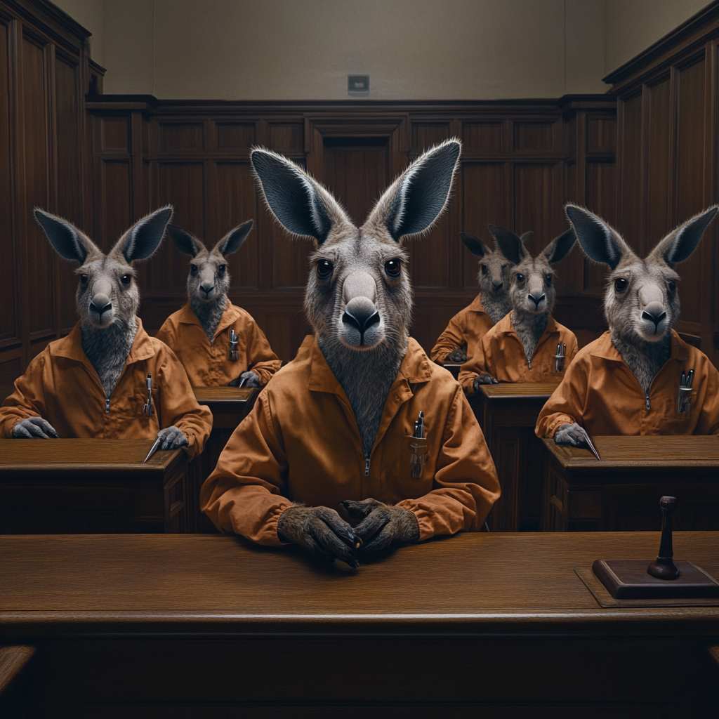 Kangaroo judge and lawyers, bird defendants in jumpsuits.