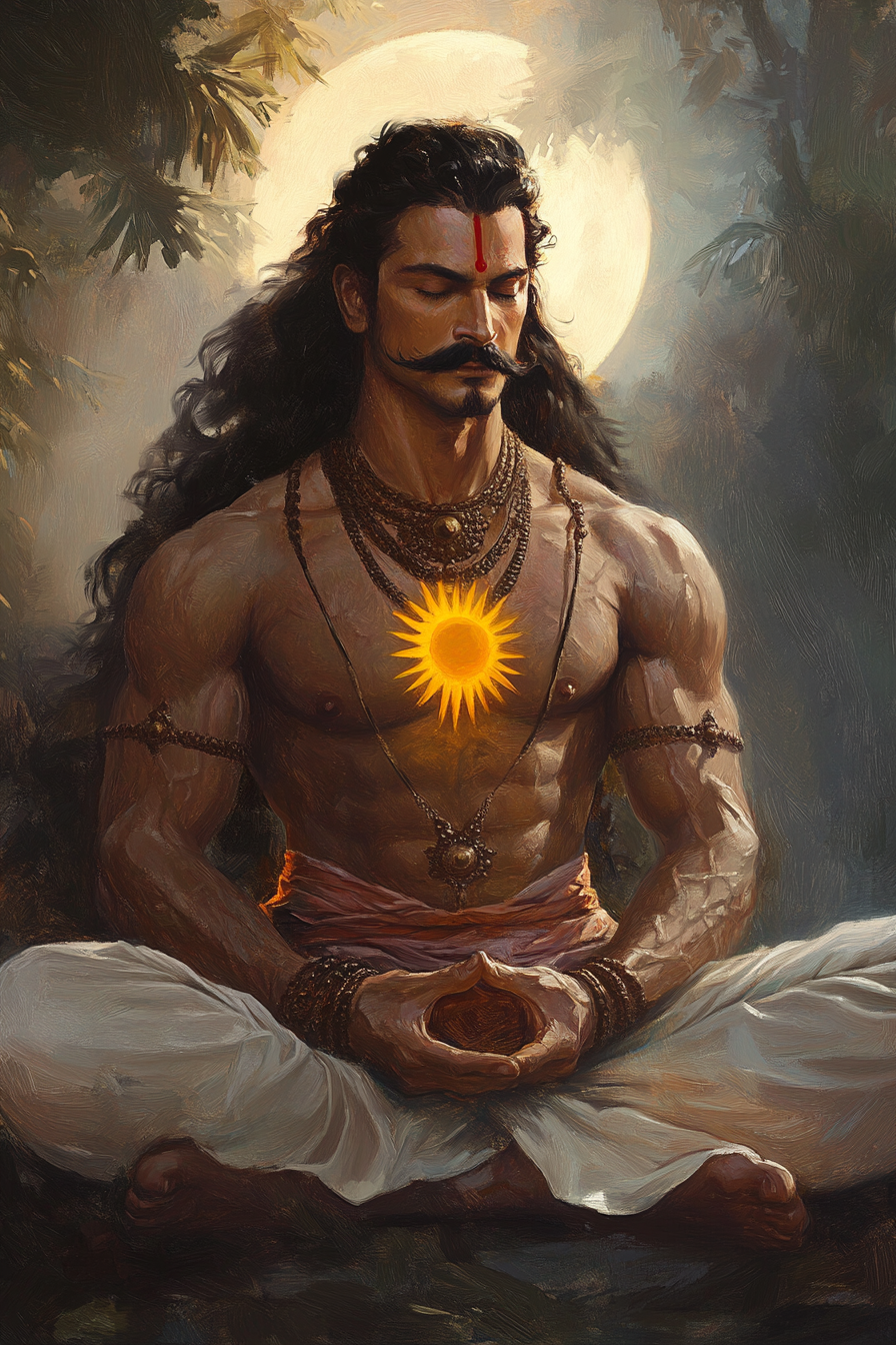 Karna meditating in jungle with sun symbol on chest.