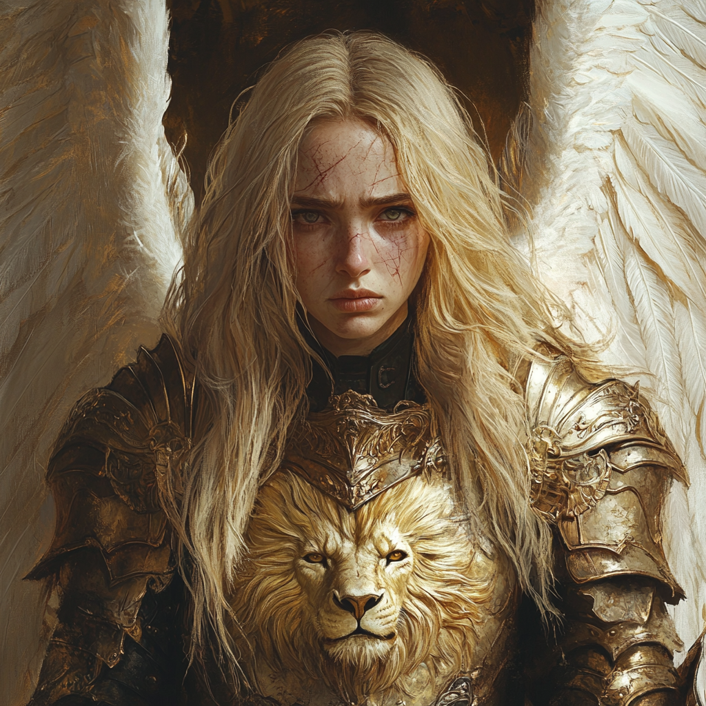 Kate Winslet lookalike Archangel in golden lioness armor