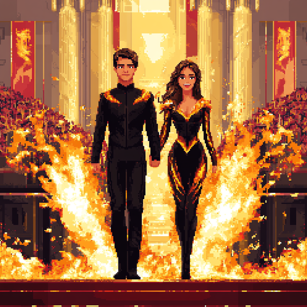 Katniss and Peeta on chariot in Capitol with flames.