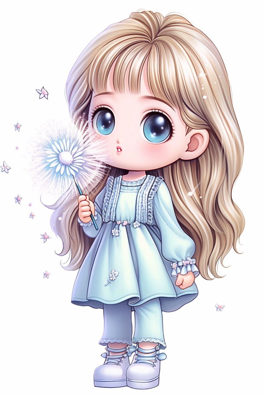 Kawaii Chibi Girl Blowing Dandelion in Silver Suit