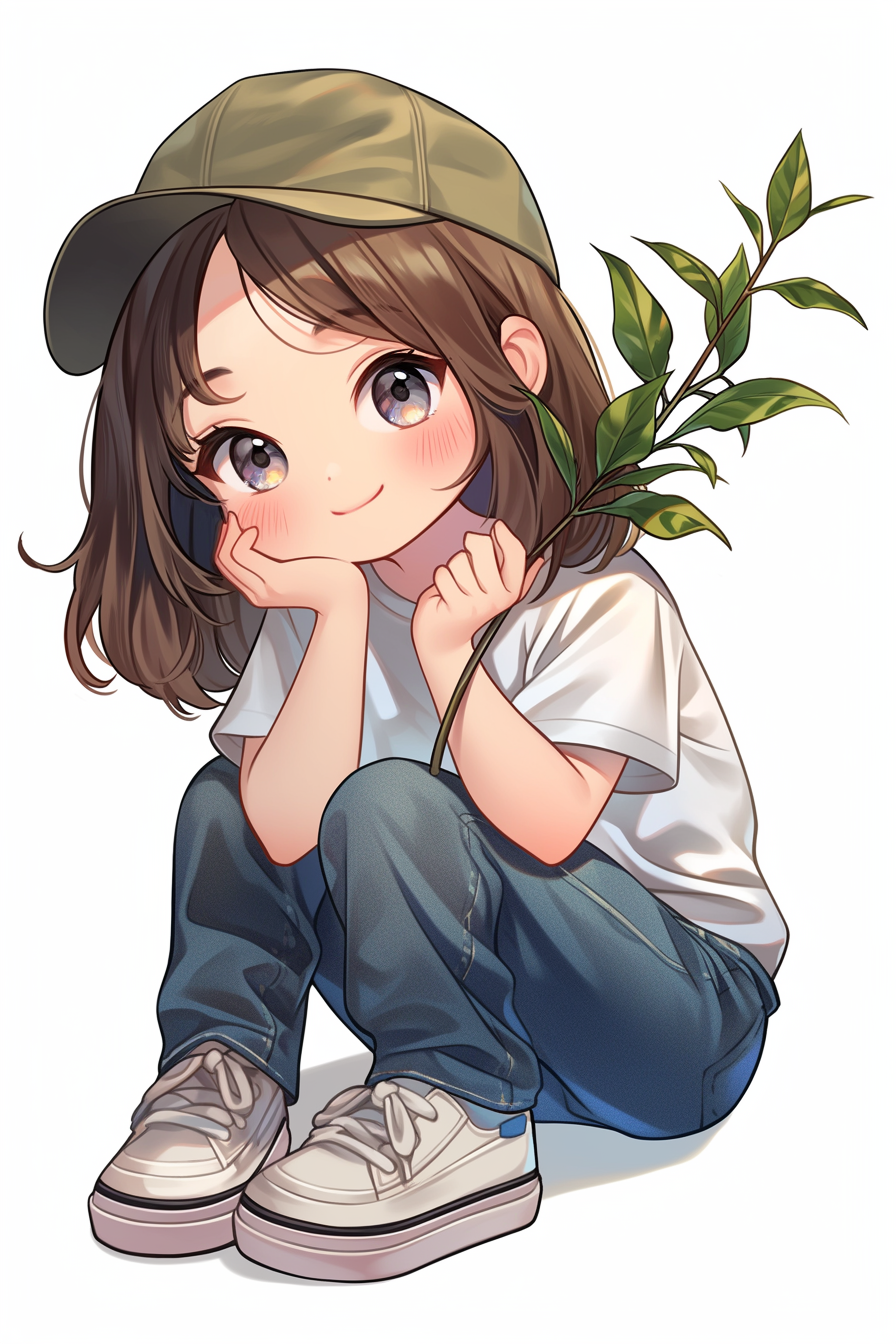 Kawaii Chibi Girl Poses with Branch in Digital Art