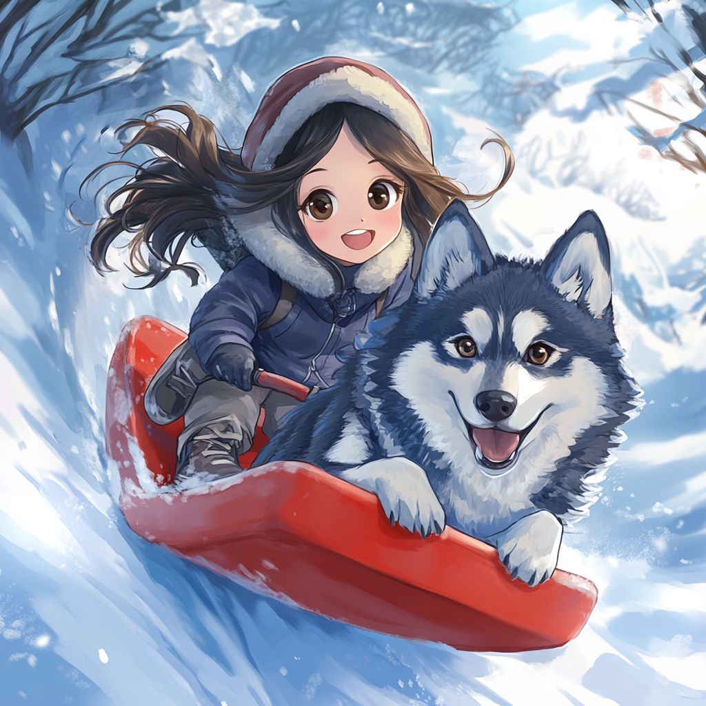 Kawaii drawing of girl in snowsuit sledding with husky.