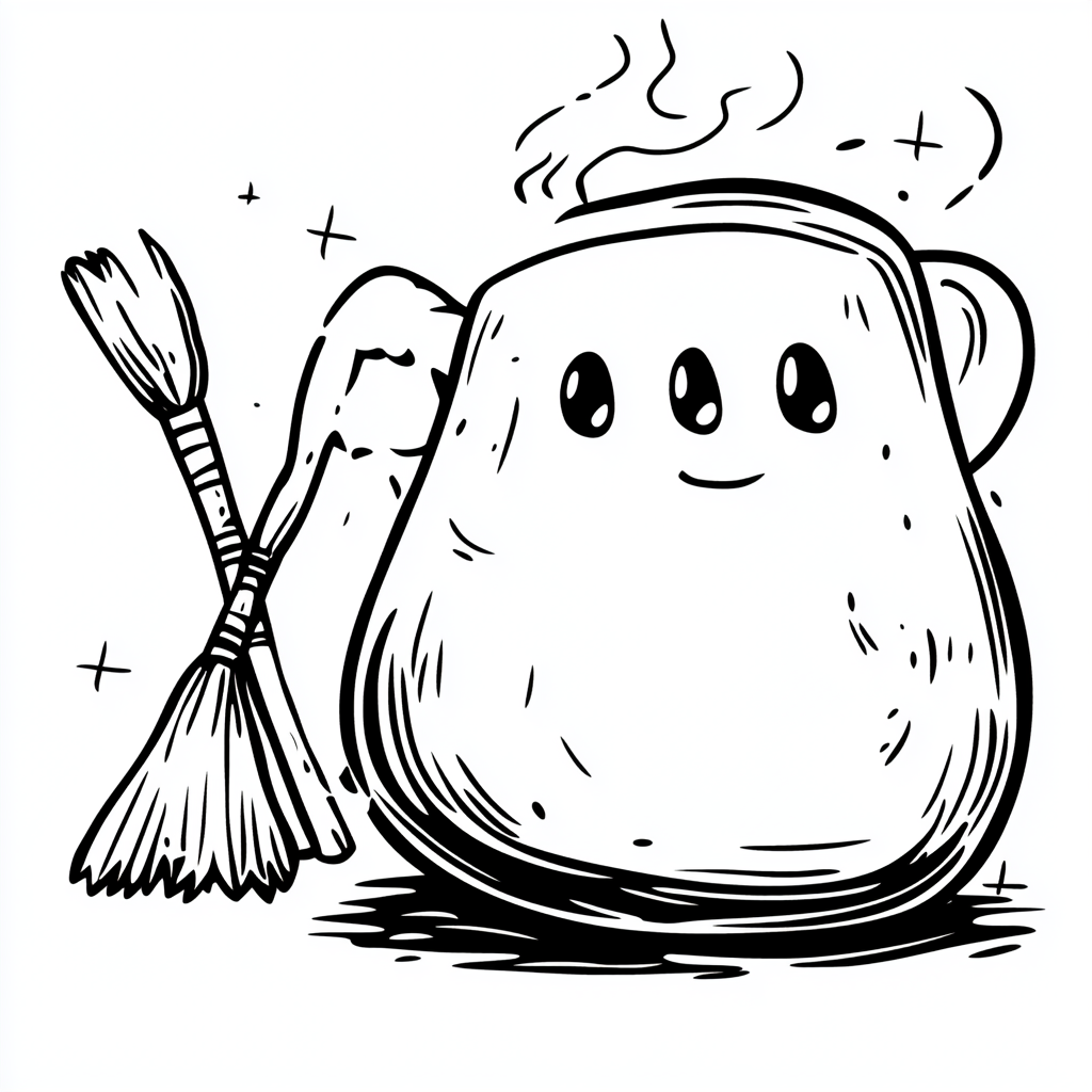 Kawaii ghost next to cauldron with broomstick.