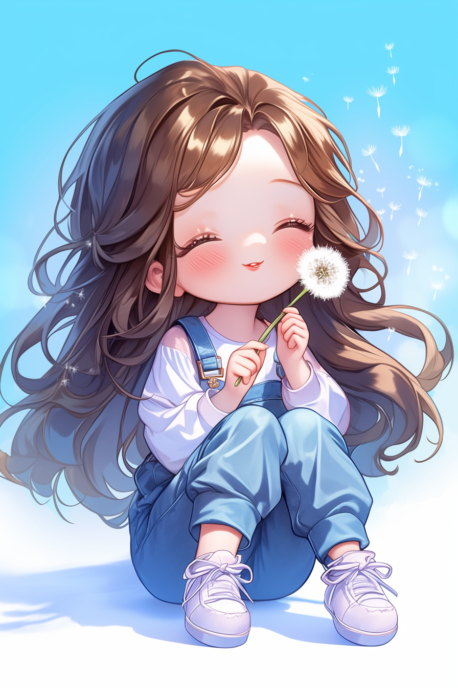 Kawaii girl blowing dandelion in silver outfit