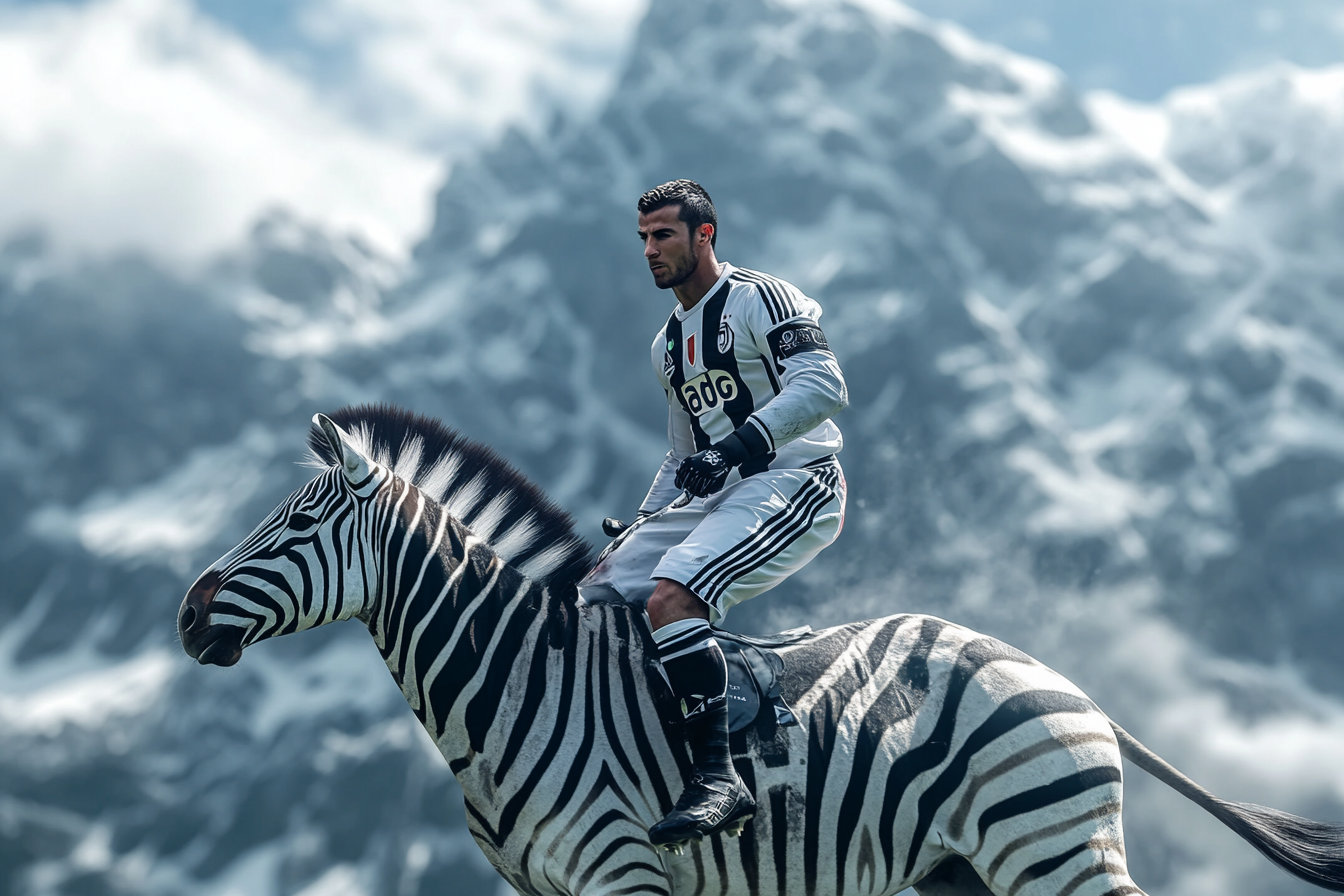 Kenan Yildiz in Juventus Uniform Riding Zebra in Swiss Alps