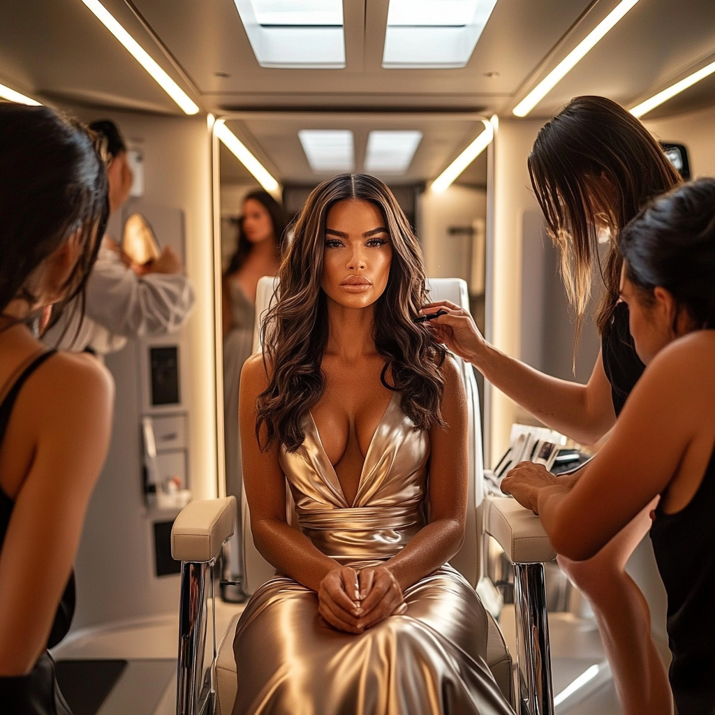 Kendall Jenner getting makeup and hair done on TV set.