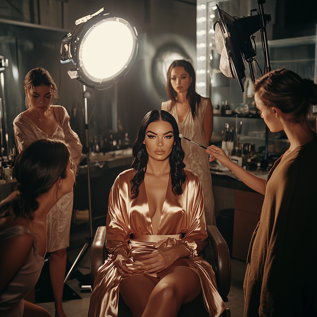 Kendall Jenner getting makeup and hair done on TV.