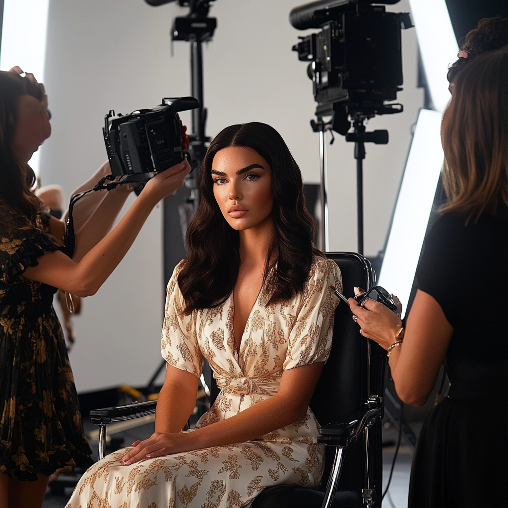 Kendall Jenner in silk dress with makeup and hair.