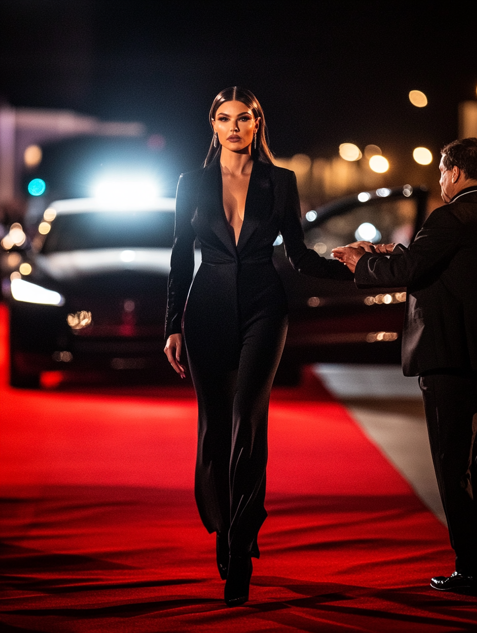 Kendall Jenner walking on red carpet, with chauffeur.