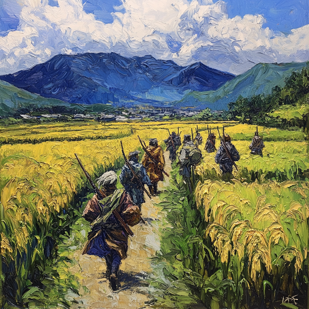 Kenku Ronin Walking Through Rice Fields in Japan