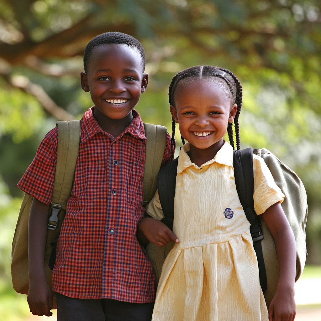 Kenyan school children in uniform, smiling with backpack 