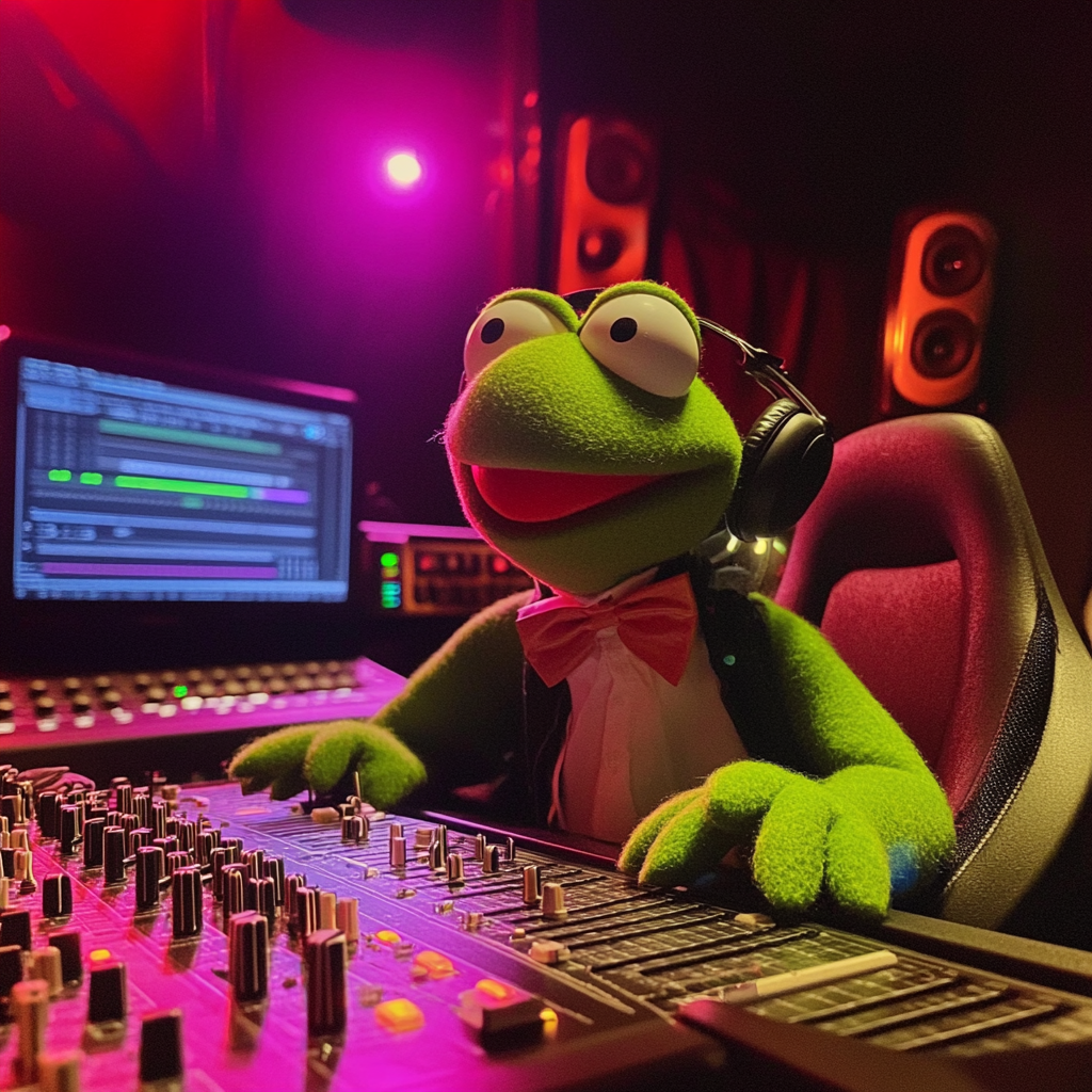 Kermit at the rap studio as producer vibes.