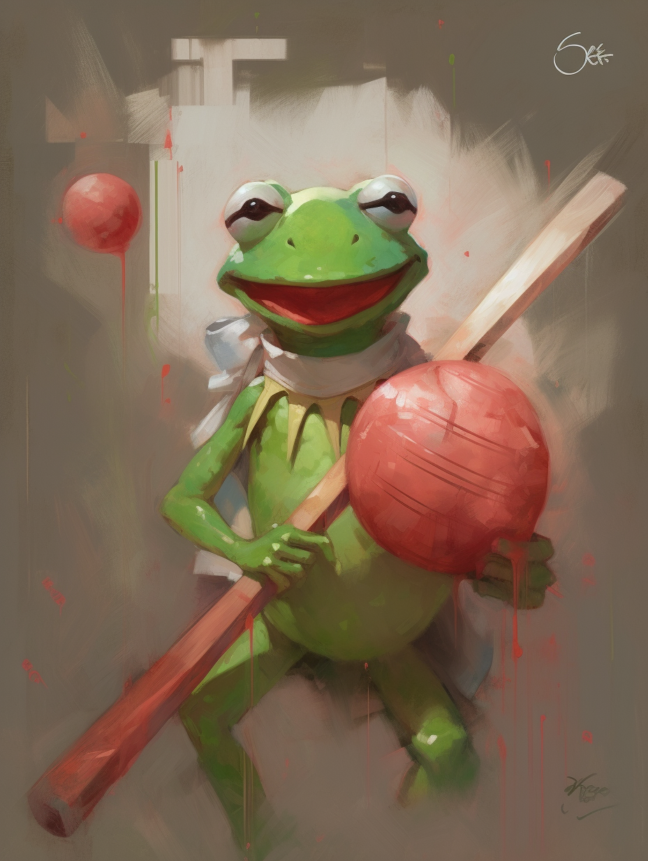 Kermit the Frog happily holds watermelons in painting.