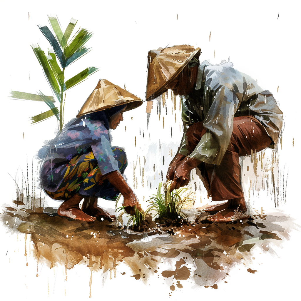 Khasi farmers planting paddy seedlings in rain