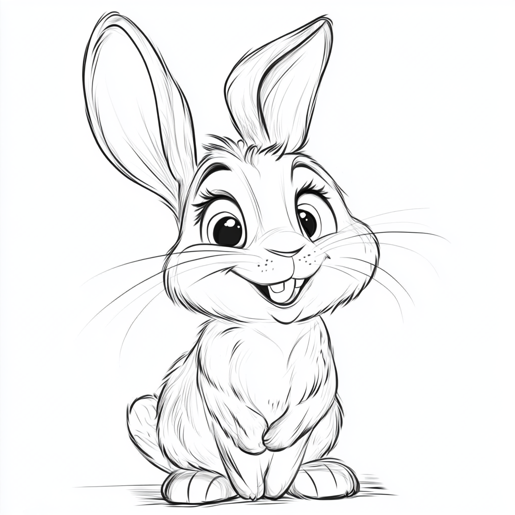 Kid's coloring page, cute rabbit in Disney style.