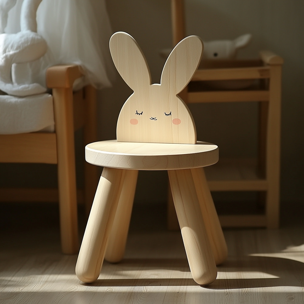 Kid's rabbit stool chair, solid wood, backrest rabbit ears