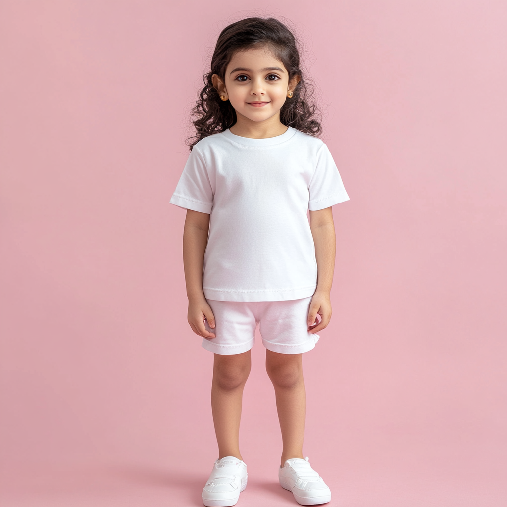 Kid's white t-shirt and shorts mockup on girl.