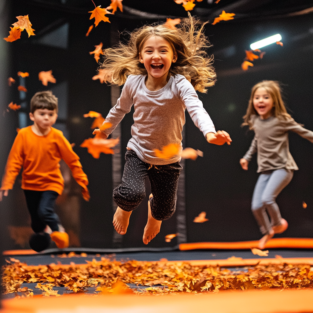 Kids and families having fun in trampoline park.