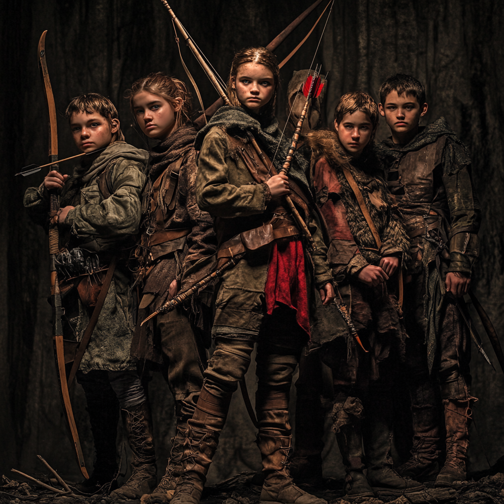 Kids and teens in futuristic Robin Hood play.