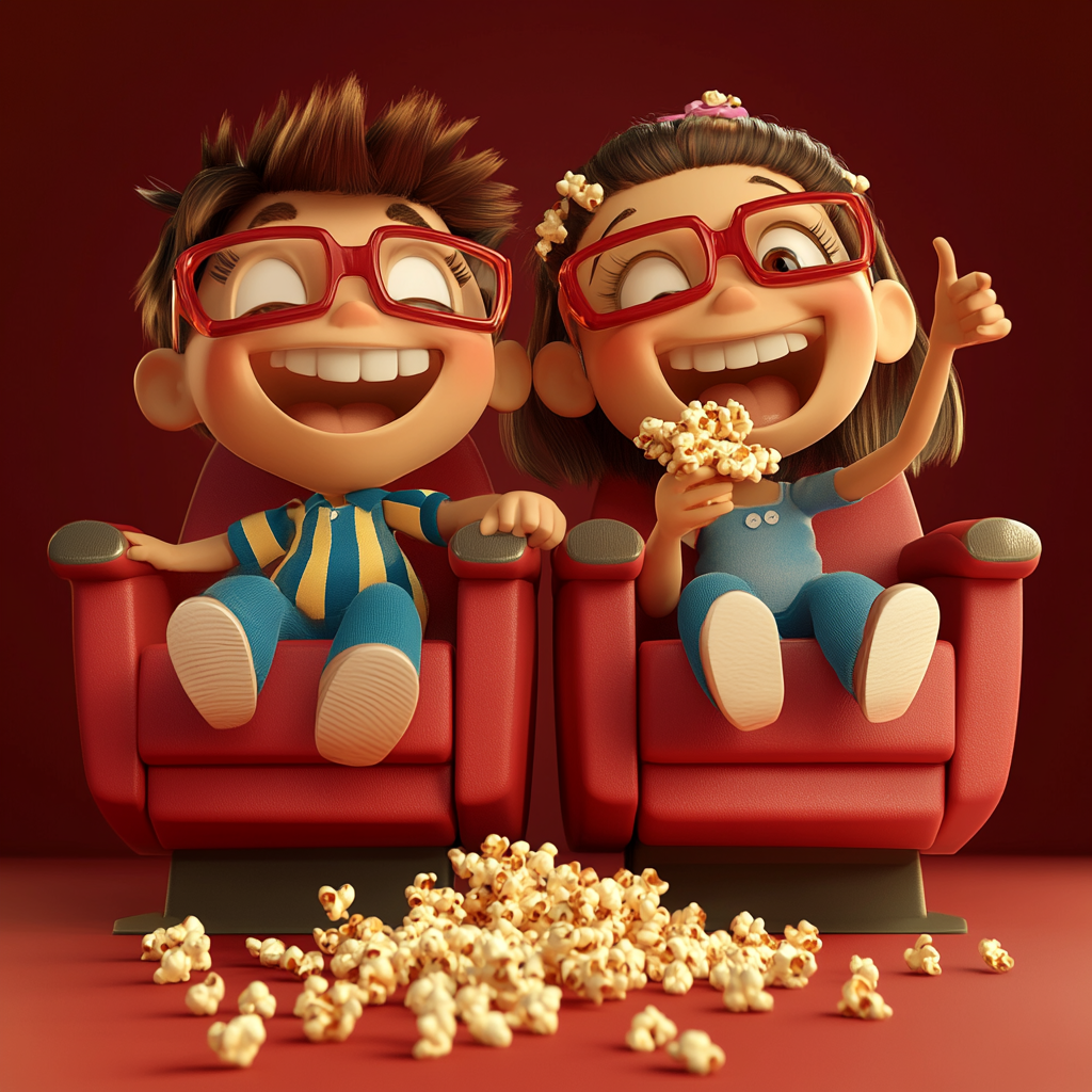 Kids enjoying movie night with popcorn and laughter.